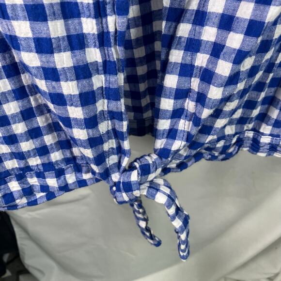 Pleione Blue White Gingham Tie Front Blouse XL Made in USA Cotton Spandex - Picture 7 of 13